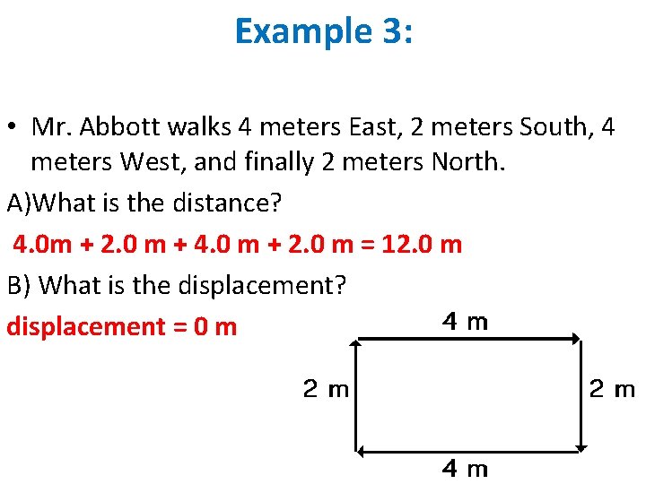 Example 3: • Mr. Abbott walks 4 meters East, 2 meters South, 4 meters