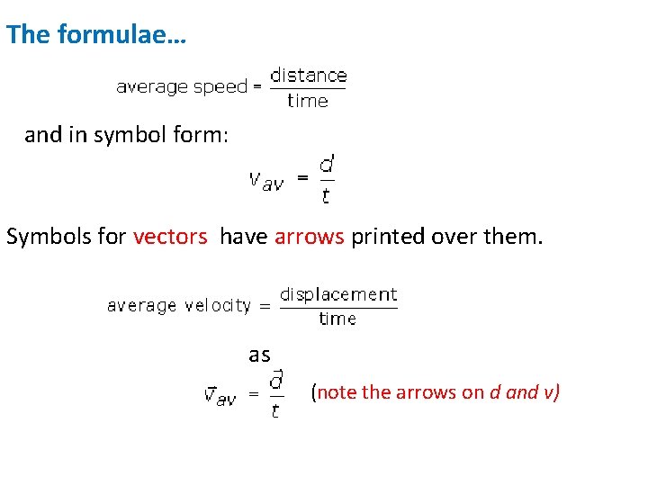 The formulae… and in symbol form: Symbols for vectors have arrows printed over them.