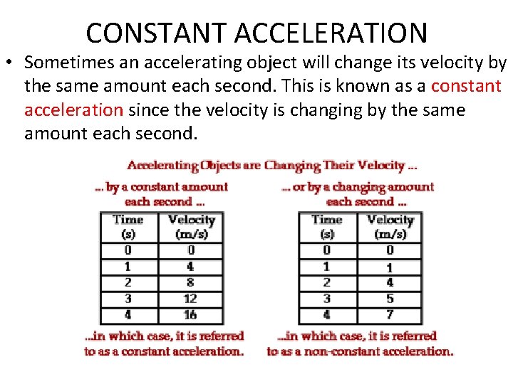 CONSTANT ACCELERATION • Sometimes an accelerating object will change its velocity by the same