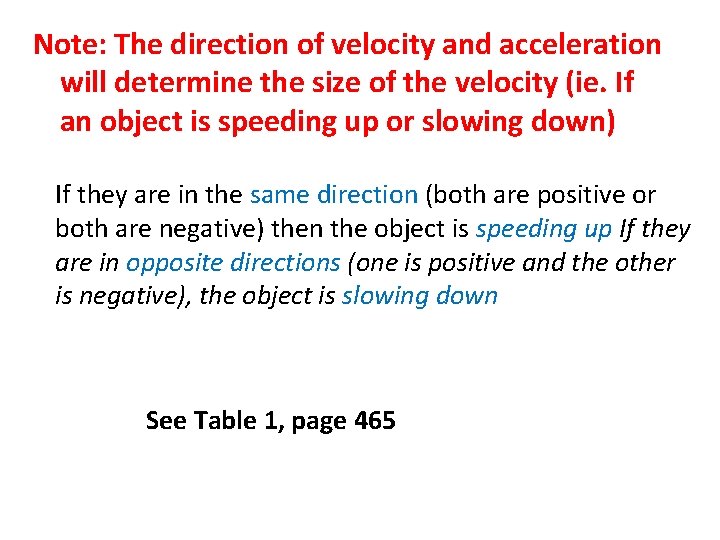 Note: The direction of velocity and acceleration will determine the size of the velocity