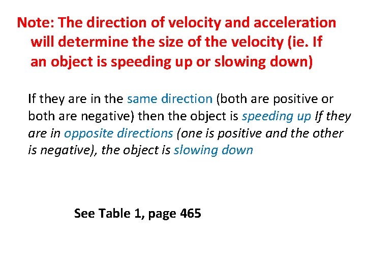 Note: The direction of velocity and acceleration will determine the size of the velocity