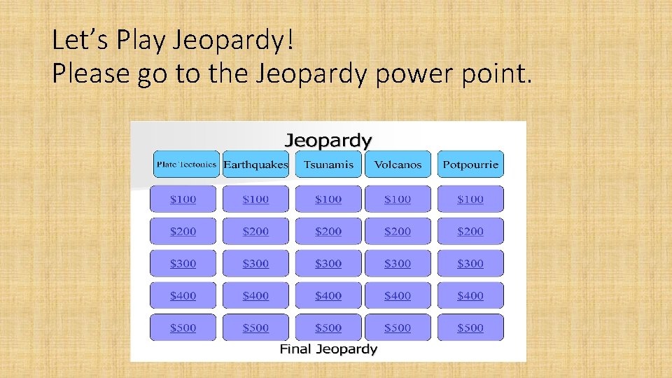 Let’s Play Jeopardy! Please go to the Jeopardy power point. 
