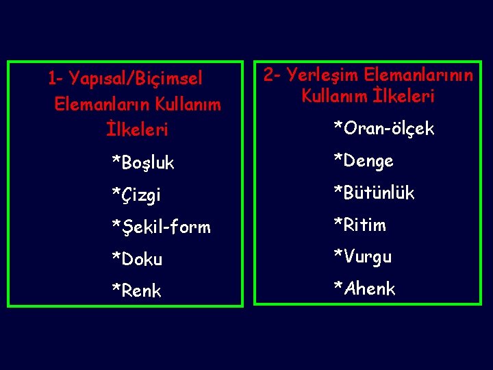 1 - Yapısal/Biçimsel Elemanların Kullanım İlkeleri 2 - Yerleşim Elemanlarının Kullanım İlkeleri *Oran-ölçek *Boşluk