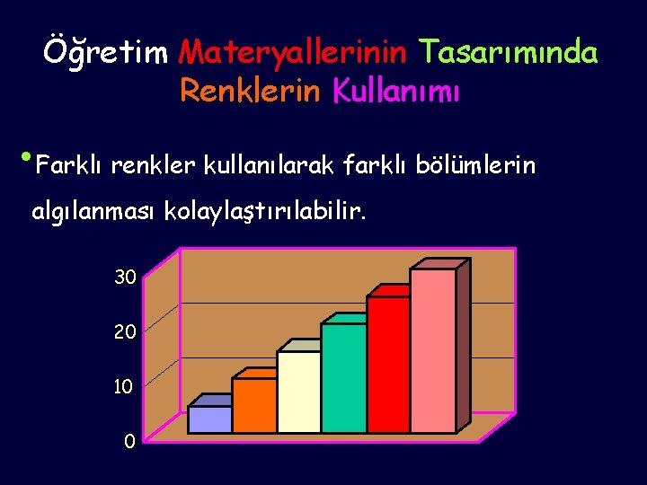 Öğretim Materyallerinin Tasarımında Renklerin Kullanımı • Farklı renkler kullanılarak farklı bölümlerin algılanması kolaylaştırılabilir. 30