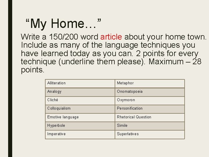 “My Home…” Write a 150/200 word article about your home town. Include as many
