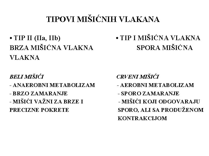 TIPOVI MIŠIĆNIH VLAKANA • TIP II (IIa, IIb) BRZA MIŠIĆNA VLAKNA • TIP I