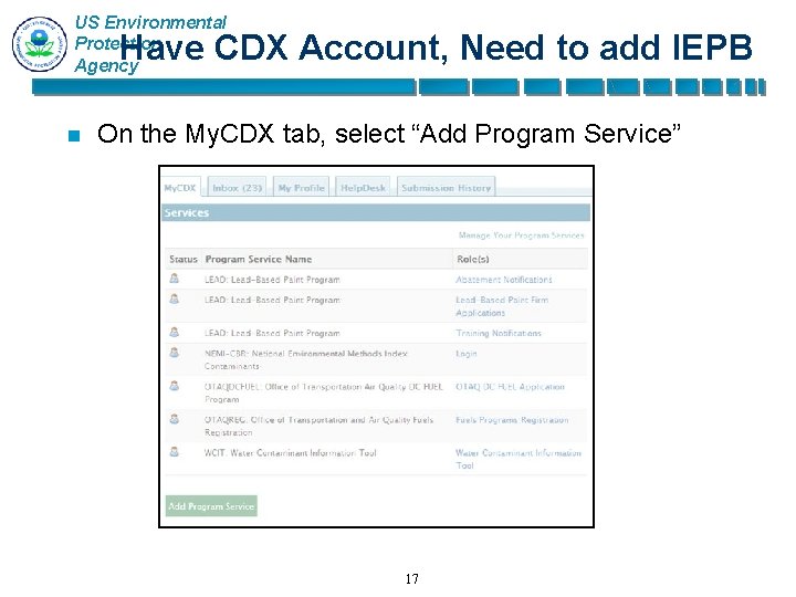 US Environmental Protection Agency Have CDX Account, Need to add IEPB n On the