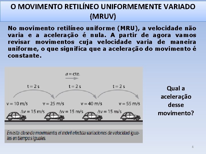 O MOVIMENTO RETILÍNEO UNIFORMEMENTE VARIADO (MRUV) No movimento retilíneo uniforme (MRU), a velocidade não