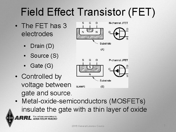 Field Effect Transistor (FET) • The FET has 3 electrodes • Drain (D) •