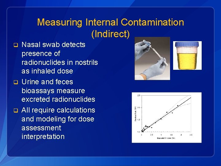 Measuring Internal Contamination (Indirect) q q q Nasal swab detects presence of radionuclides in