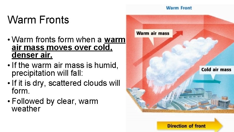 Warm Fronts • Warm fronts form when a warm air mass moves over cold,