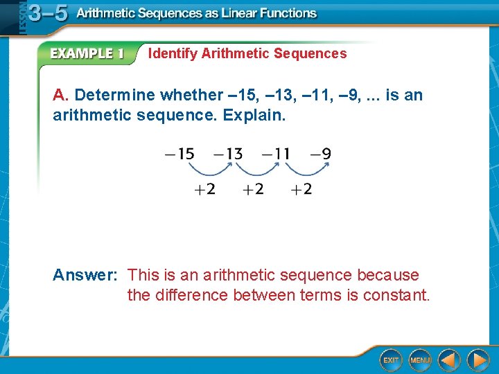 Identify Arithmetic Sequences A. Determine whether – 15, – 13, – 11, – 9,