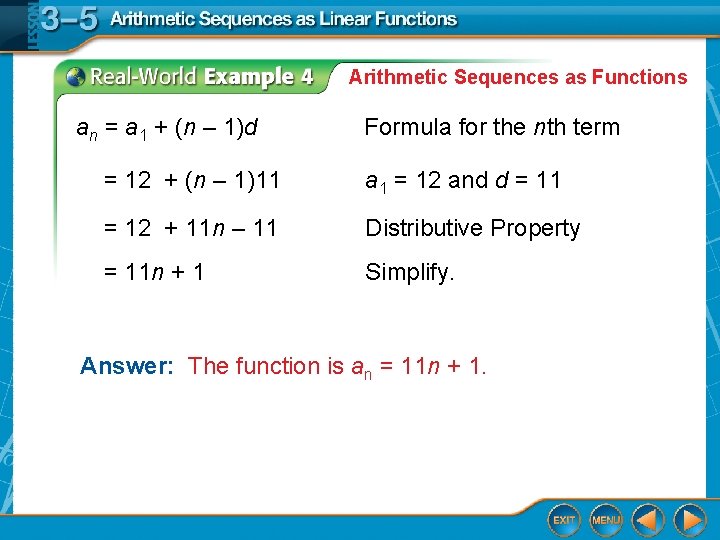 Arithmetic Sequences as Functions an = a 1 + (n – 1)d Formula for