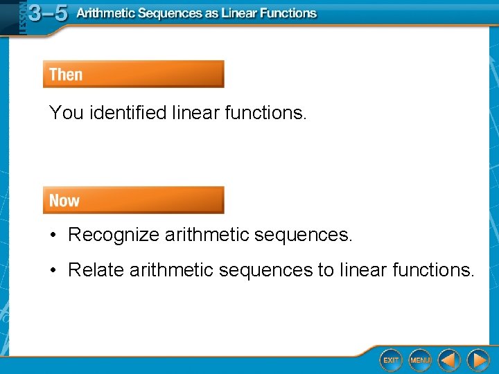 You identified linear functions. • Recognize arithmetic sequences. • Relate arithmetic sequences to linear