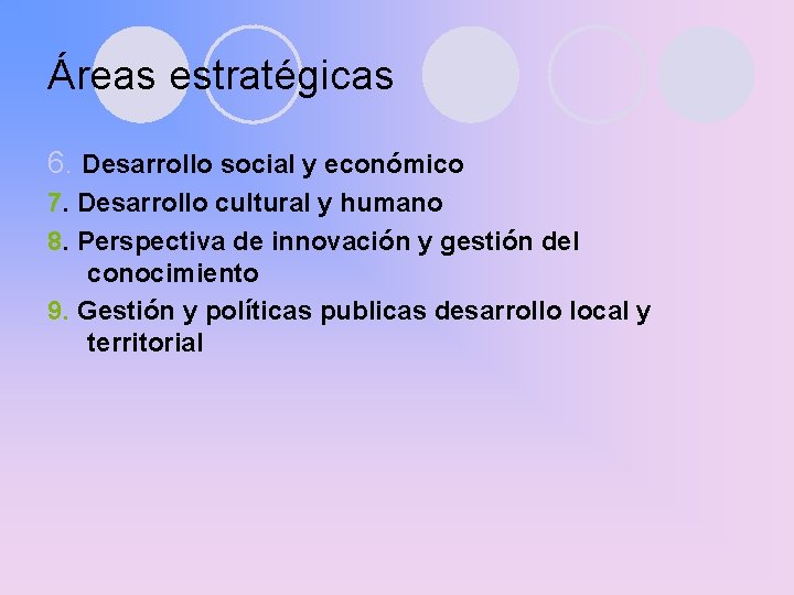 Áreas estratégicas 6. Desarrollo social y económico 7. Desarrollo cultural y humano 8. Perspectiva