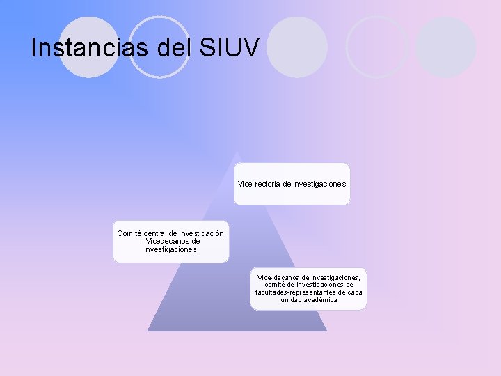Instancias del SIUV Vice-rectoria de investigaciones Comité central de investigación - Vicedecanos de investigaciones