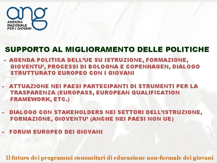 SUPPORTO AL MIGLIORAMENTO DELLE POLITICHE - AGENDA POLITICA DELL’UE SU ISTRUZIONE, FORMAZIONE, GIOVENTU’, PROCESSI