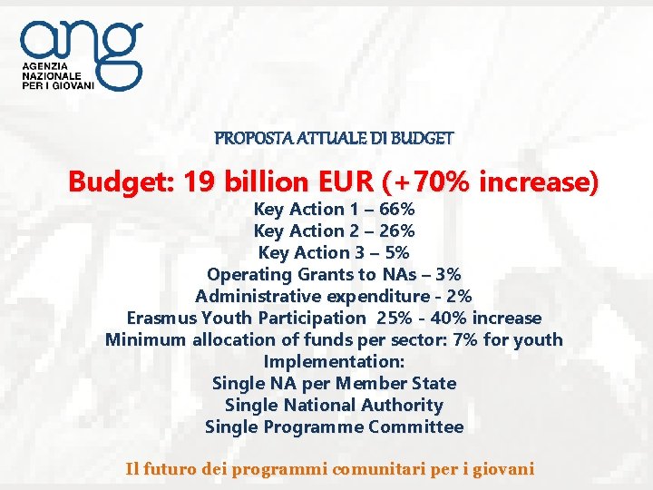 PROPOSTA ATTUALE DI BUDGET Budget: 19 billion EUR (+70% increase) Key Action 1 –