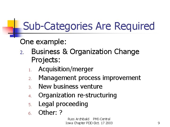 Sub-Categories Are Required One example: 2. Business & Organization Change Projects: 1. 2. 3. Sub-Categories Are Required One example: 2. Business & Organization Change Projects: 1. 2. 3.