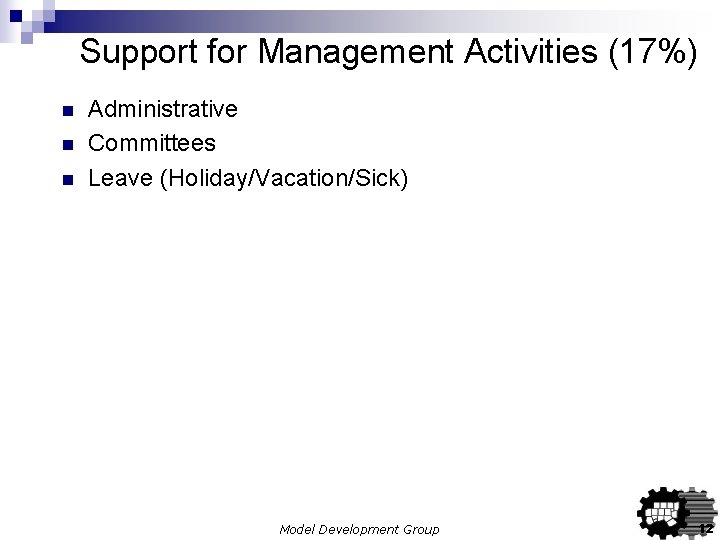 Support for Management Activities (17%) n n n Administrative Committees Leave (Holiday/Vacation/Sick) Model Development Support for Management Activities (17%) n n n Administrative Committees Leave (Holiday/Vacation/Sick) Model Development