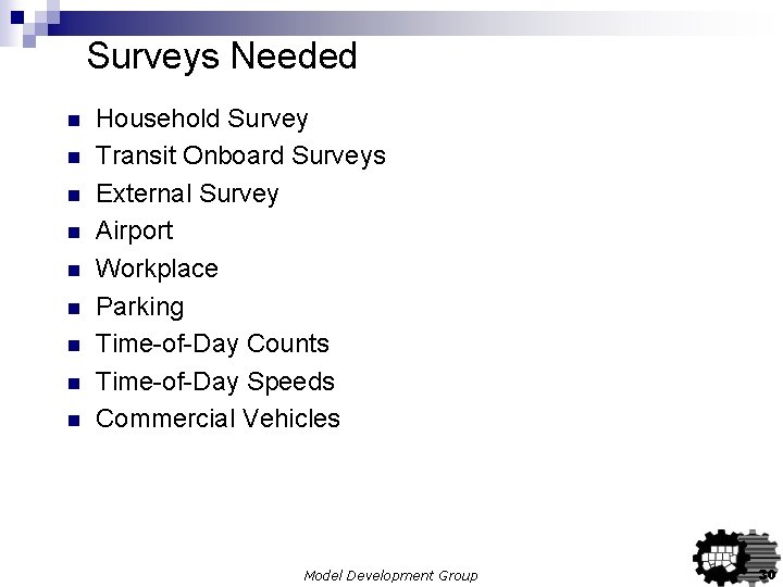 Surveys Needed n n n n n Household Survey Transit Onboard Surveys External Survey Surveys Needed n n n n n Household Survey Transit Onboard Surveys External Survey