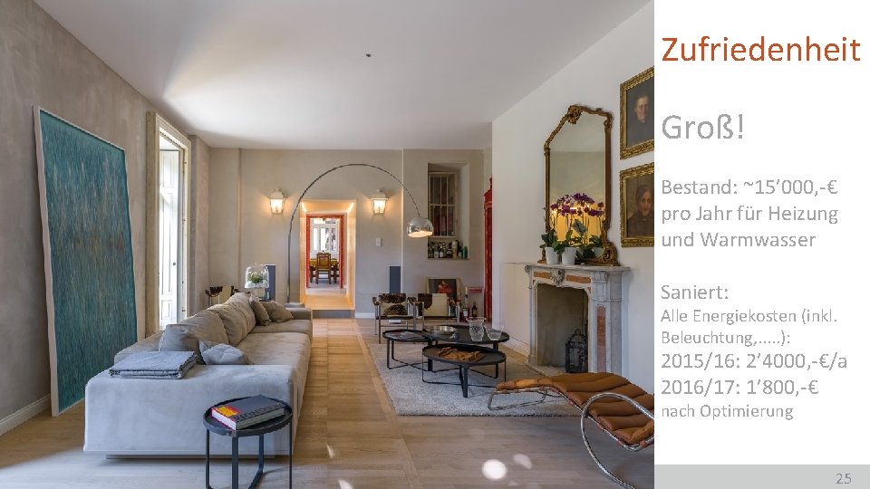 Zufriedenheit Groß! Bestand: ~15’ 000, -€ pro Jahr für Heizung und Warmwasser Saniert: Alle