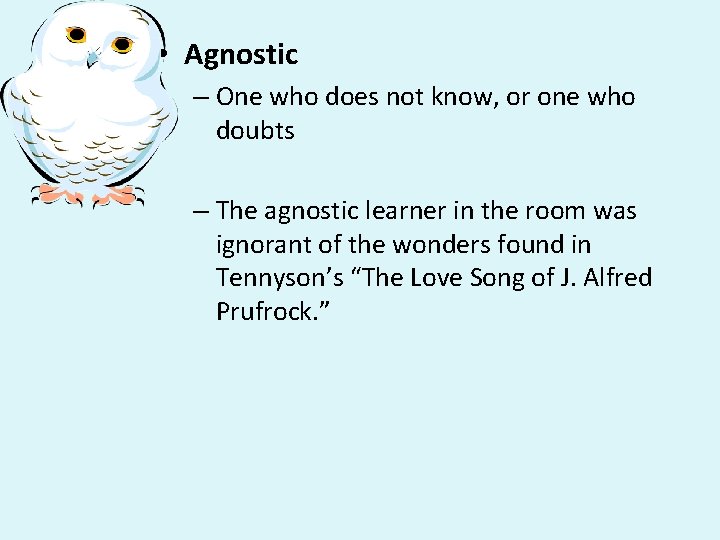  • Agnostic – One who does not know, or one who doubts –