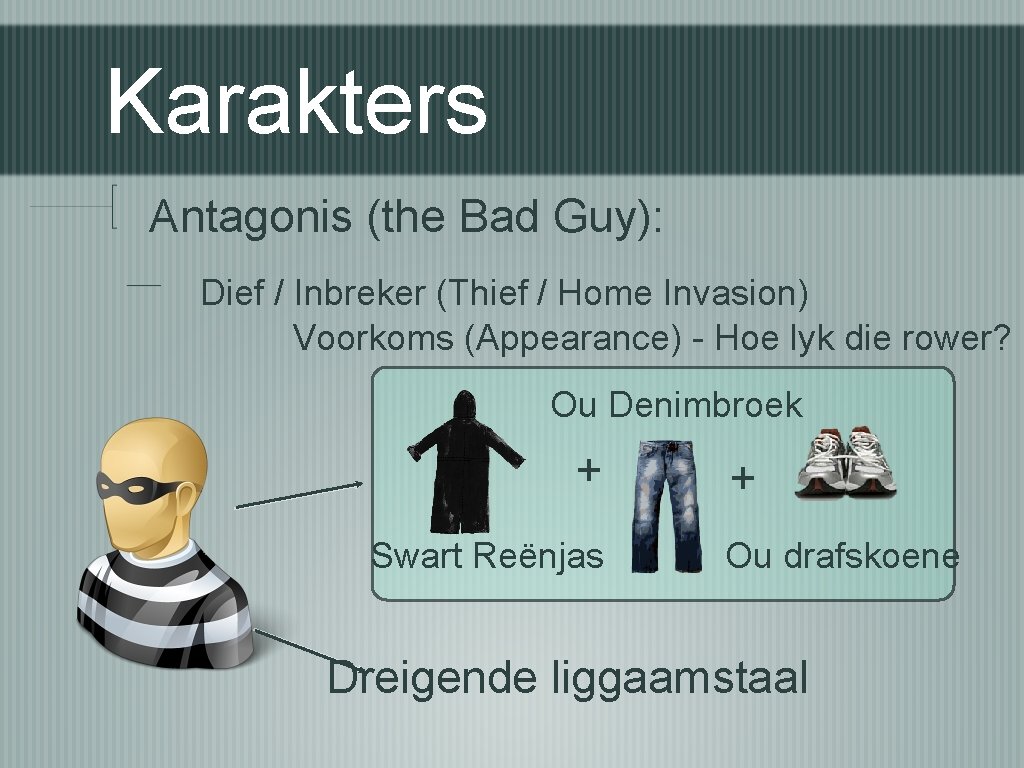 Karakters Antagonis (the Bad Guy): Dief / Inbreker (Thief / Home Invasion) Voorkoms (Appearance)