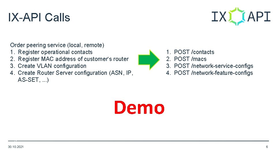IX-API Calls Order peering service (local, remote) 1. Register operational contacts 2. Register MAC IX-API Calls Order peering service (local, remote) 1. Register operational contacts 2. Register MAC