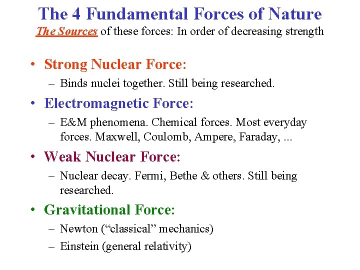 The 4 Fundamental Forces of Nature The Sources of these forces: In order of