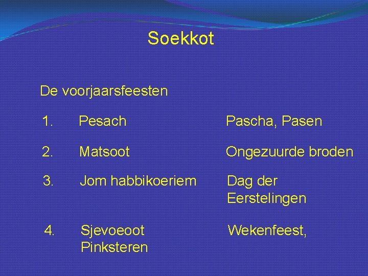 Soekkot De voorjaarsfeesten 1. Pesach Pascha, Pasen 2. Matsoot Ongezuurde broden 3. Jom habbikoeriem