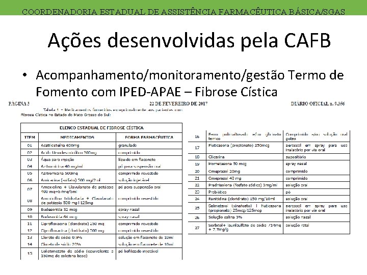COORDENADORIA ESTADUAL DE ASSISTÊNCIA FARMACÊUTICA BÁSICA/SGAS Ações desenvolvidas pela CAFB • Acompanhamento/monitoramento/gestão Termo de