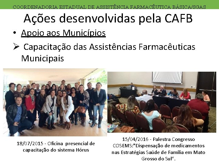 COORDENADORIA ESTADUAL DE ASSISTÊNCIA FARMACÊUTICA BÁSICA/SGAS Ações desenvolvidas pela CAFB • Apoio aos Municípios