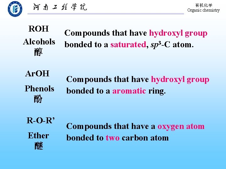 有机化学 Organic chemistry ROH Alcohols 醇 Ar. OH Phenols 酚 R-O-R’ Ether 醚 Compounds