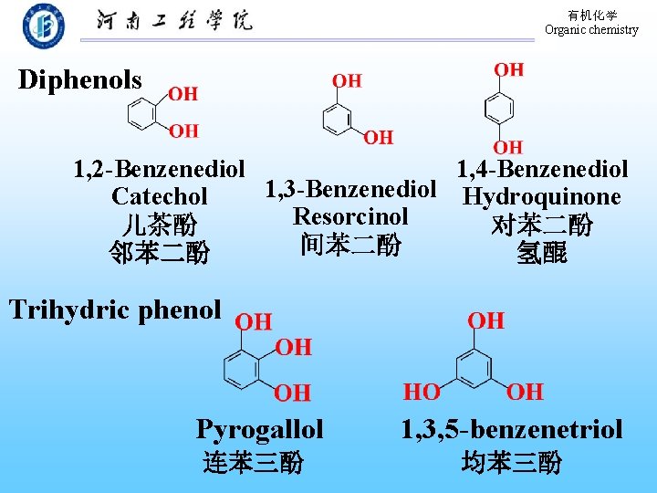 有机化学 Organic chemistry Diphenols 1, 2 -Benzenediol 1, 4 -Benzenediol 1, 3 -Benzenediol Hydroquinone