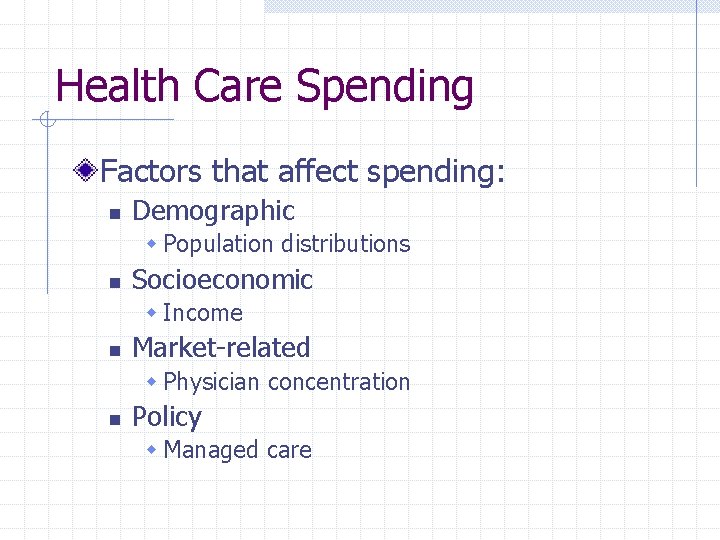 Health Care Spending Factors that affect spending: n Demographic w Population distributions n Socioeconomic