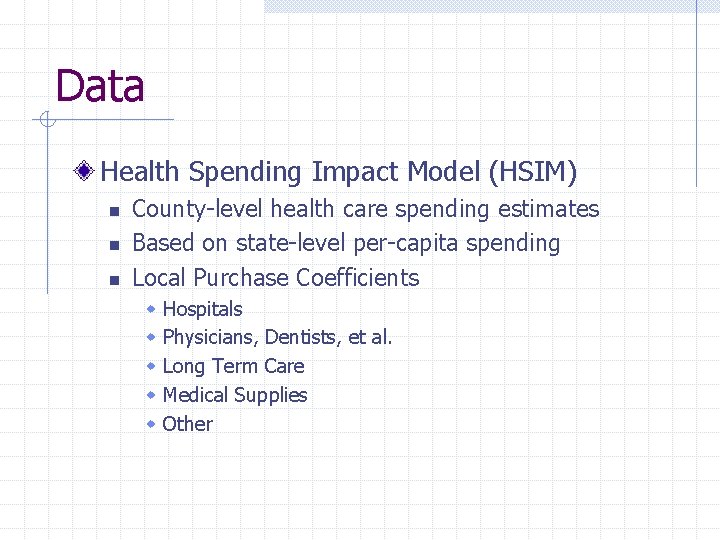 Data Health Spending Impact Model (HSIM) n n n County-level health care spending estimates