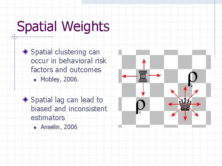 Spatial Weights Spatial clustering can occur in behavioral risk factors and outcomes n Mobley,