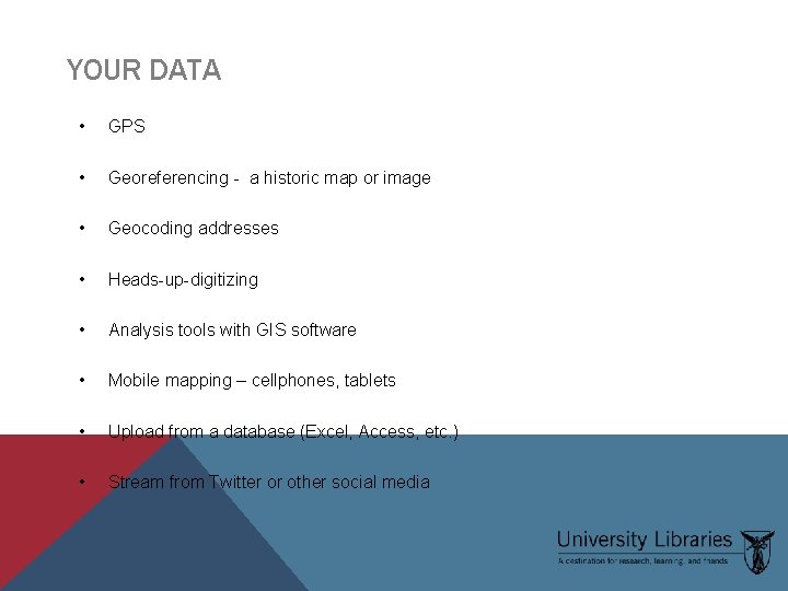 YOUR DATA • GPS • Georeferencing - a historic map or image • Geocoding