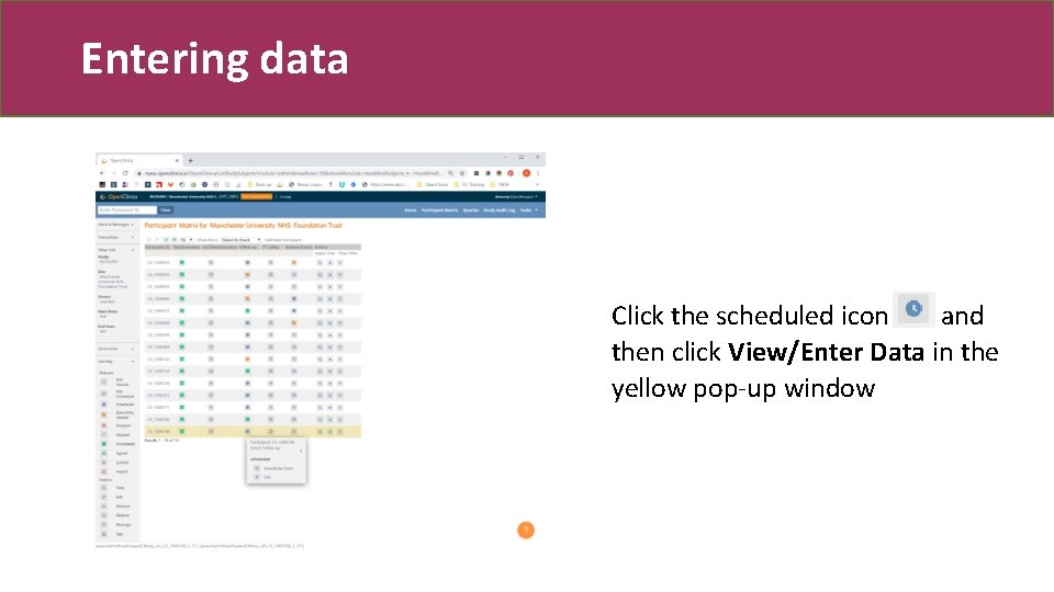 Entering data Click the scheduled icon and then click View/Enter Data in the yellow