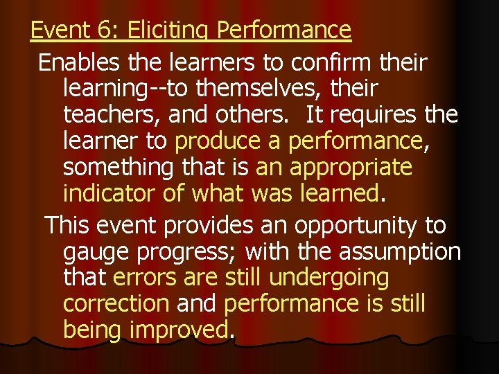 Event 6: Eliciting Performance Enables the learners to confirm their learning--to themselves, their teachers,