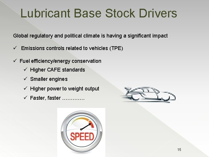Lubricant Base Stock Drivers Global regulatory and political climate is having a significant impact