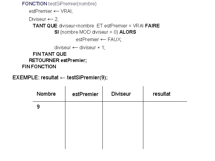 FONCTION test. Si. Premier(nombre) est. Premier ← VRAI; Diviseur ← 2; TANT QUE diviseur<nombre