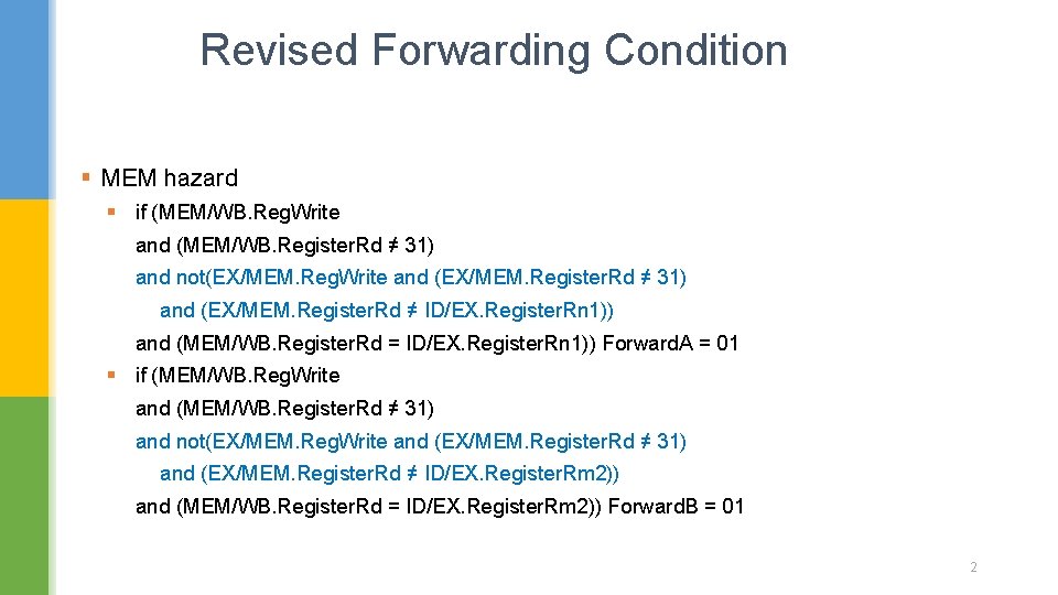 Revised Forwarding Condition § MEM hazard § if (MEM/WB. Reg. Write and (MEM/WB. Register. Revised Forwarding Condition § MEM hazard § if (MEM/WB. Reg. Write and (MEM/WB. Register.