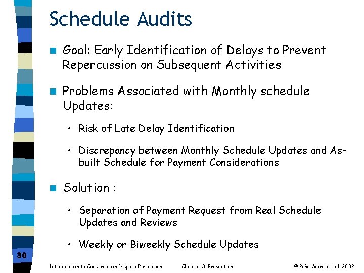 Schedule Audits n Goal: Early Identification of Delays to Prevent Repercussion on Subsequent Activities