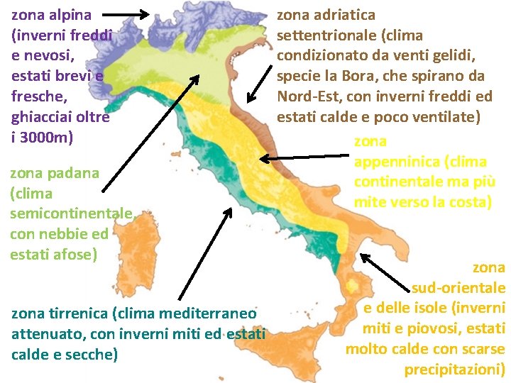 zona alpina (inverni freddi e nevosi, estati brevi e fresche, ghiacciai oltre i 3000