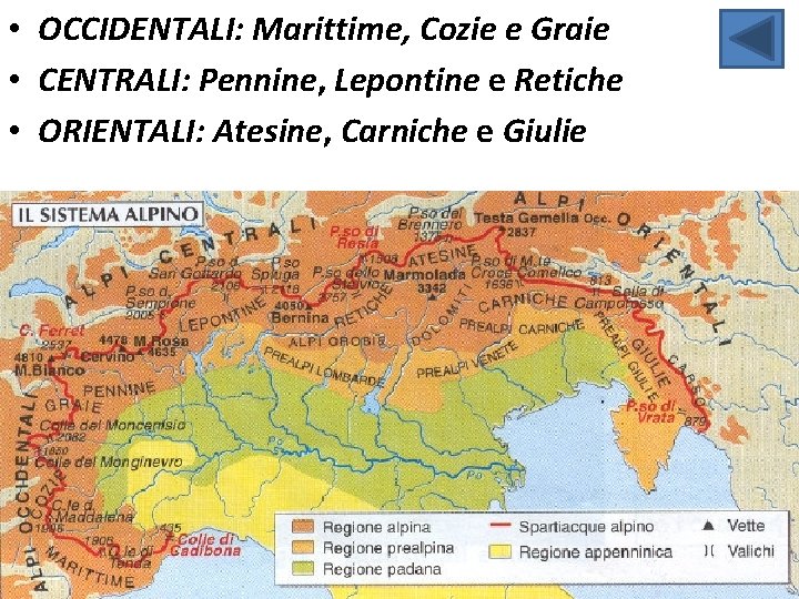  • OCCIDENTALI: Marittime, Cozie e Graie • CENTRALI: Pennine, Lepontine e Retiche •