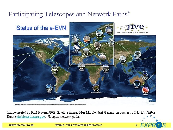 Participating Telescopes and Network Paths* Image created by Paul Boven, JIVE. Satellite image: Blue