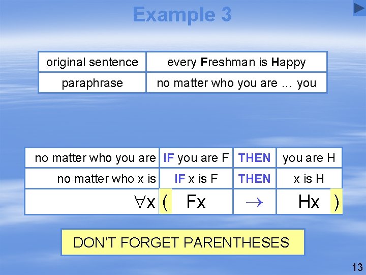 Example 3 original sentence every Freshman is Happy paraphrase no matter who you are