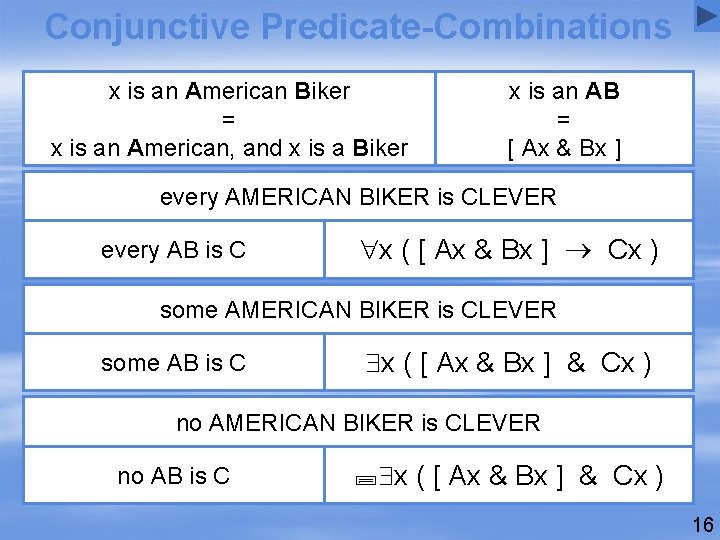 Conjunctive Predicate-Combinations x is an American Biker = x is an American, and x